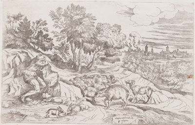 Titian etching from 1682 Landscape with Sleeping Shepherd
